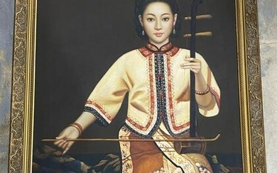 Chinese Oil Painting on Board of a Musician Beauty