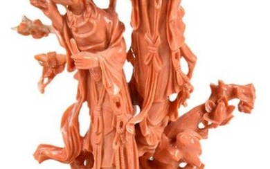 Chinese Red Coral Carving of Two Maidens