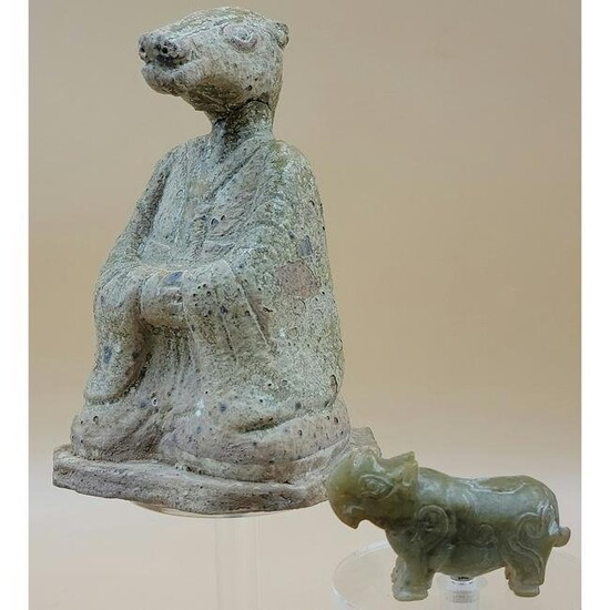 A Han terracotta Zodiac sheep & jade Rhino w Glyphs.