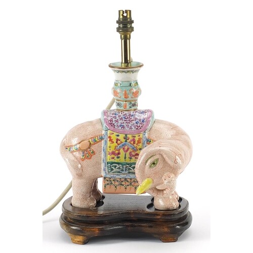 Chinese porcelain elephant table lamp raised on hardwood sta...
