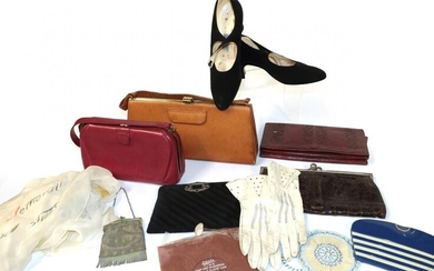 Circa 1920-50's Costume Accessories, including a black pleated silk clutch...
