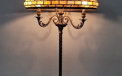 Circa 1920's Leaded Glass Cast Brass Base High Quality Floor Lamp with 3 arms and very nice shade. H