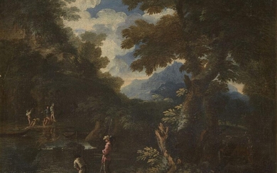 Circle of Salvator Rosa, Italian 1615-1673- A wooded river landscape with figures; oil on canvas, 38.5 x 49.8 cm. Provenance: Anon. sale, Christie's, London, 21 January 1977, lot 130 (as 'ROSA'). Note: The present work is highly reminiscent of the...