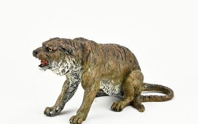 Cold painted bronze tiger. 21st century. Size: 11 x 21 x 9 cm. In good...