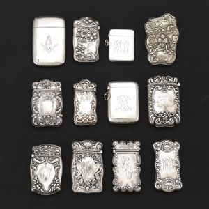 Collection of Antique Twelve Sterling Silver Match Safes, Including English and Gorham