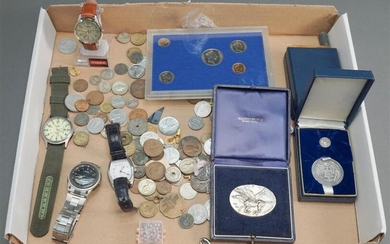 Collection of Assorted Quartz Wristwatches and Mostly International Coins