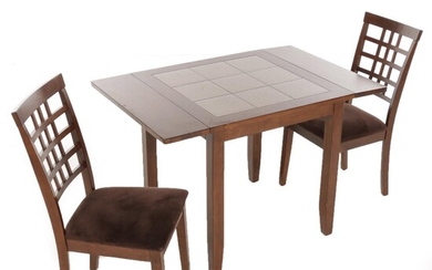 Contemporary Drop Leaf Wood and Tile-Top Table with Two Chairs
