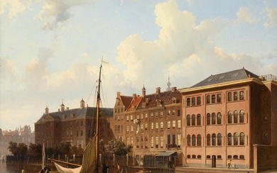 Cornelis Springer (1817-1891) 'M.E. Coster's Diamond Company by the Amstel, Amsterdam', signed with initials and dated '52 lower left, oil on canvas. H. 57 cm. W. 61 cm. Verso: signed, inscribed with title and dated: 'Gezicht op de Diamandslijperij