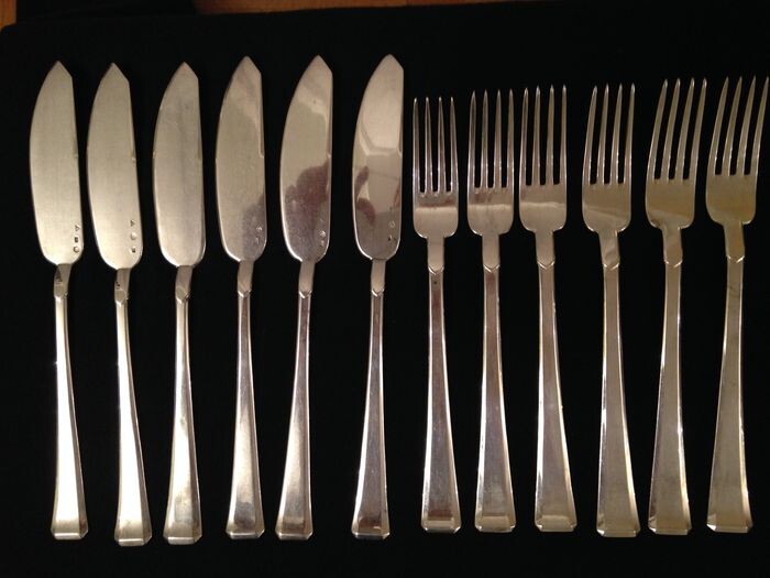 Cutlery set, FISHING SET (12) - .800 silver - Czechoslovakia - Mid 20th century