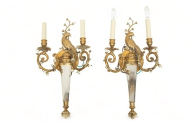 Decorative Crafts Inc. (American) Maison Bagues Style Crystal & Brass Sconces, H 23" W 12" Depth