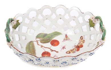 Derby pierced oval basket, painted in 'Moth Painter' style