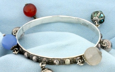 Designer Perruzzi Sterling Silver Bangle FOB Bracelet With Gemstone Dangle Beads in Sterling Silver