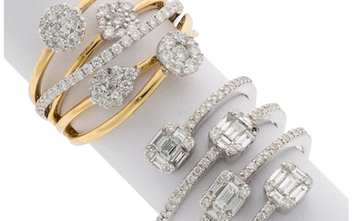 Diamond, Gold Rings The lot includes a ring featuring...