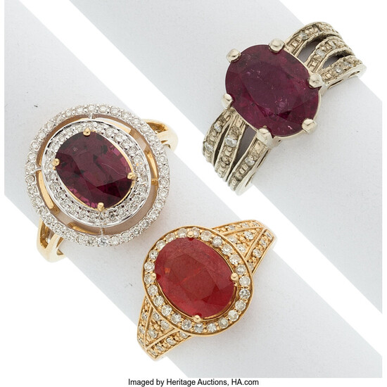 Diamond, Multi-Stone, Gold Rings The lot includes three rings:...