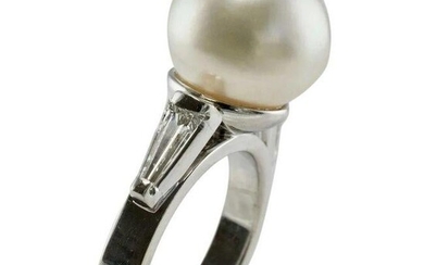 Diamond Saltwater Pearl Ring 14K White Gold Band GIA