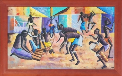 Digna, "African Village Dance" oil on canvas board, 56.5 x 95.5 cm (frame: 109 x 71 x 3 cm), signed lower right