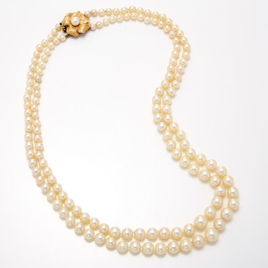 Double Strand Cultured Pearl Necklace with Gold and Cultured Pearl Flower Clasp