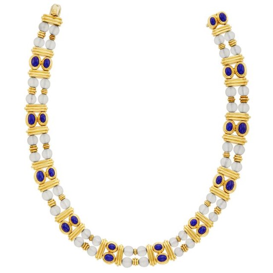 Double Strand Gold, Frosted Rock Crystal Bead and Lapis Necklace, Boucheron, France