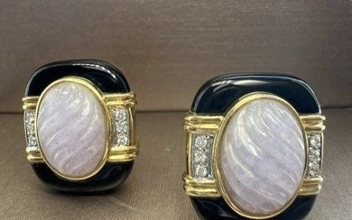 EARRINGS BLACK ONYX WITH DIAMONDS 0.25 CTS GH SI1 WITH LILAC JADE, YELLOW GOLD 18K