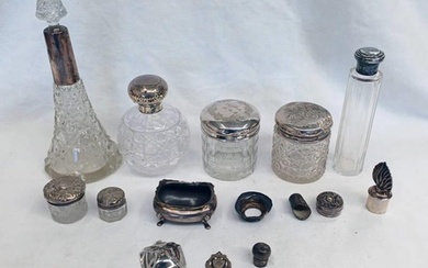 EXCELLENT SELECTION SILVER TOPPED SCENT BOTTLES, JARS, SILVE...
