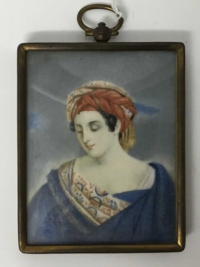 Early 19th century watercolour portrait miniature on ivory, half length depiction of a woman in turban, 8 x 6.5cm, glazed metal frame
