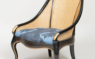 Ebonized and Parcel-Gilt Spoon Back Caned Side Chair