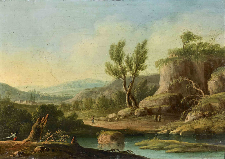 Ecole flamande du XVIIIè siècle "Paysage à la rivière"...