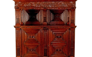 (-), Oak Renaissance-style credential cabinet with fine carvings,...