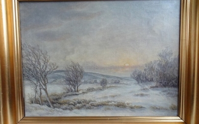 Emil Poulsen: Winter landscape at Tebbestrup kær. Signed Emil Poulsen. Oil on canvas. 38×50 cm. Frame size 49×62 cm.