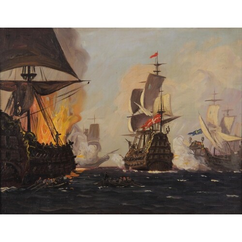 English School (20th century), A Nelsonian sea battle, Oil...
