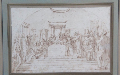 English school of the XVIIIth century Presentation at the Temple, after Parmesan Pen and brown ink, brown wash 20,3 x 31,5 cm Stains, pricking Our drawing is a copy of a Parmesan drawing kept at the British Museum