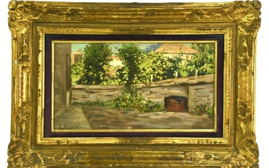 Enrico Reycend (1855 - 1928) IL GIARDINO olio su tavola, cm 24,5x45 firma