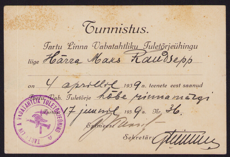Estonia certificate 1936 - Receiving Tartu Voluntary Fire Brigade Silver Badge