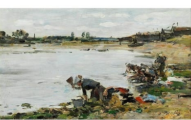 Eugène Boudin, 1824 Honfleur – 1898 Deauville, WÄSCHERINNEN AM UFER DER TOUQUES, UM 1885-1890