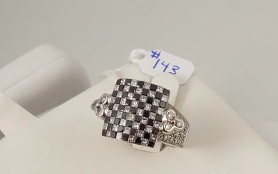 FINE LADIES CUSTOM MADE 14K W.G., BLACK & WHITE DIAMOND CHECKER BOARD STYLE RING