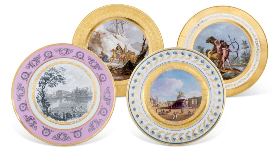 FOUR PORCELAIN PLATES, RUSSIA AND FRANCE, 19TH CENTURY