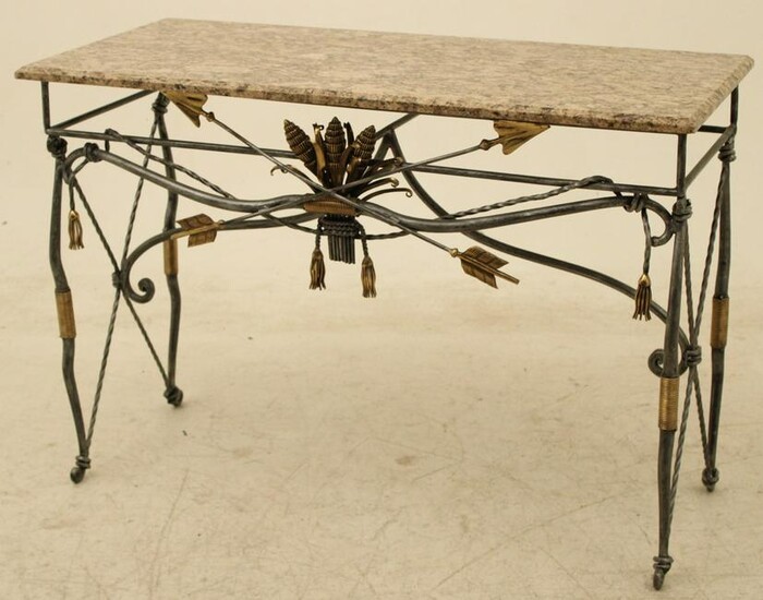 FRENCH STYLE STEEL AND BRASS MARBLE TOP CONSOLE TABLE