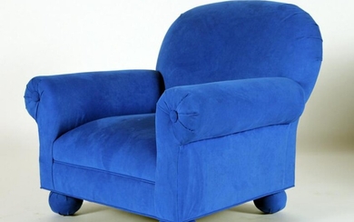 FUN BLUE UPHOLSTERED CLUB CHAIR WITH ROLLED ARMS