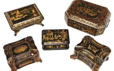 Five Chinese Export Lacquered and Gilt Boxes