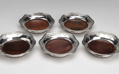 Five Dutch silver and wood wine coasters