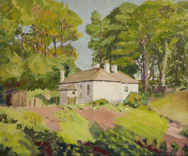Forrest Hewit, British 1870-1956 - White house amongst trees; oil on canvas, bears inscription to the reverse of the stretcher, 51 x 61 cm (ARR) Note: Hewit studied under Walter Sickert, who subsequently had a profound influence on Hewit's work.