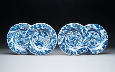 Four Chinese blue and white lobed 'phoenix and monkey' plates, flower mark, Kangxi