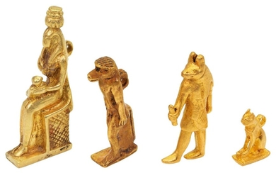 Four Egyptian reproduction miniature figures, depicting the ancient Egyptian deities, Bastia, Isis, Thoth and Anubis. height of largest figure 3cm (4)