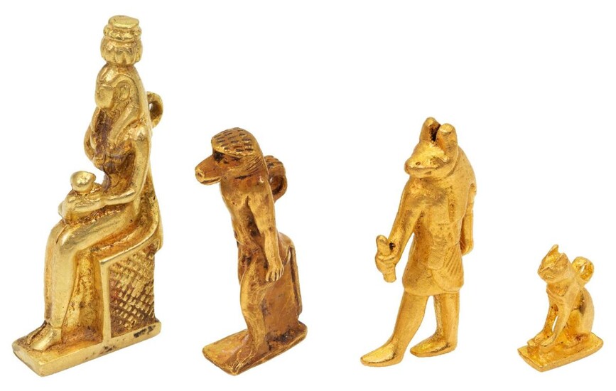 Four Egyptian reproduction miniature figures, depicting the ancient Egyptian deities, Bastia, Isis, Thoth and Anubis. height of largest figure 3cm (4)