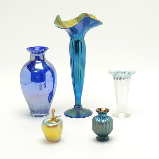 Four Studio Art Glass Vases and Glass Apple.