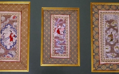 Framed Chinese embroidery segments comprising 3 hand embroidered Mandarin...