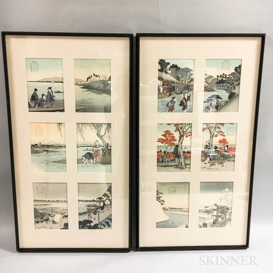 Framed Set of Japanese Calendar Prints, four frames, each frame with six prints depicting three months, ht. 31, wd. 16 3/4 in.