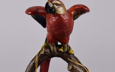Franz Bergman (1861 ~ 1936) Vienna bronze of a red macaw on a branch. Signed with Bergman 'B'. Circa 1900 - Height 13cm.