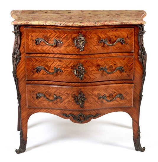 French 19th Century kingwood parquetry marble topped commode