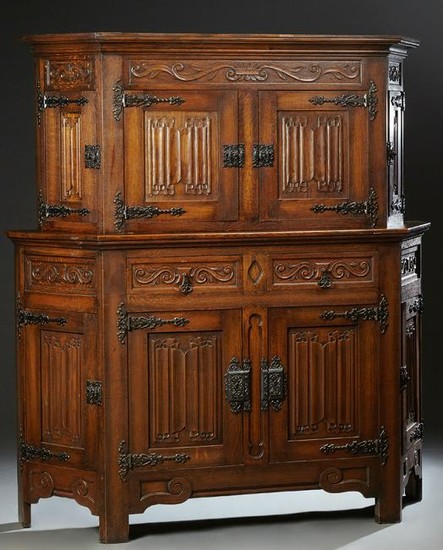 French Carved Oak Gothic Style Buffet a Deux Corps